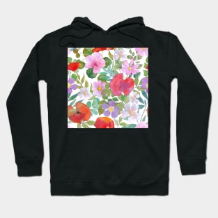 Spring various flowers and leaves watercolor botanical print. Poppies, daisy, rose flowers blossom. Different wildflowers. Hoodie